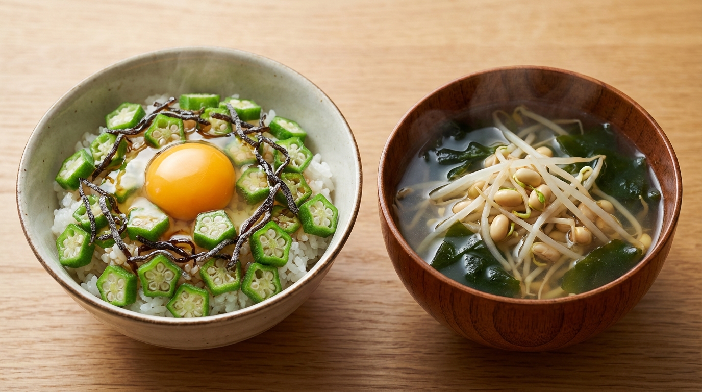 オクラ塩昆布のねばねば卵かけごはんと、豆もやしとわかめのすっきりスープ