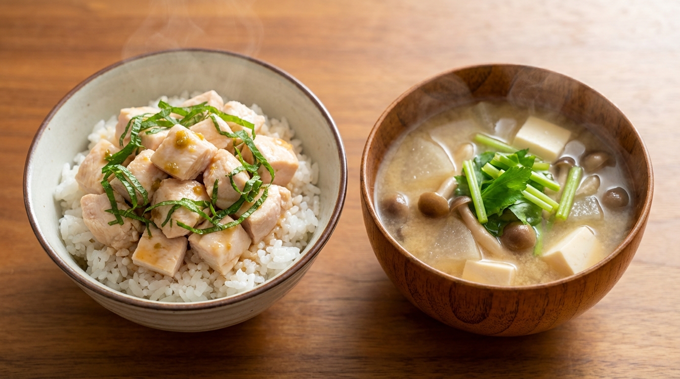 鶏むね肉のゆずこしょう和えのっけごはんと、大根としめじの彩りみそ汁