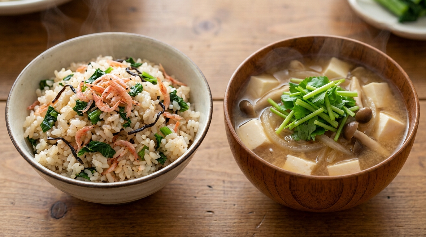 桜えびと大根葉のバターしょうゆ混ぜごはんと、玉ねぎとしめじの具だくさんみそ汁