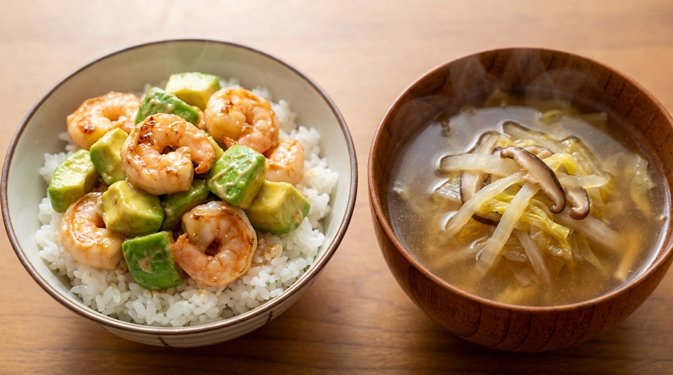 アボカドとえびのわさびマヨのっけごはんと、白菜としいたけの旨みスープ