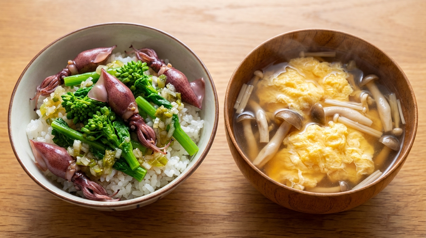 ゆず胡椒でキリッと ホタルイカと菜の花のねぎ塩のっけごはんときのこのかき玉汁