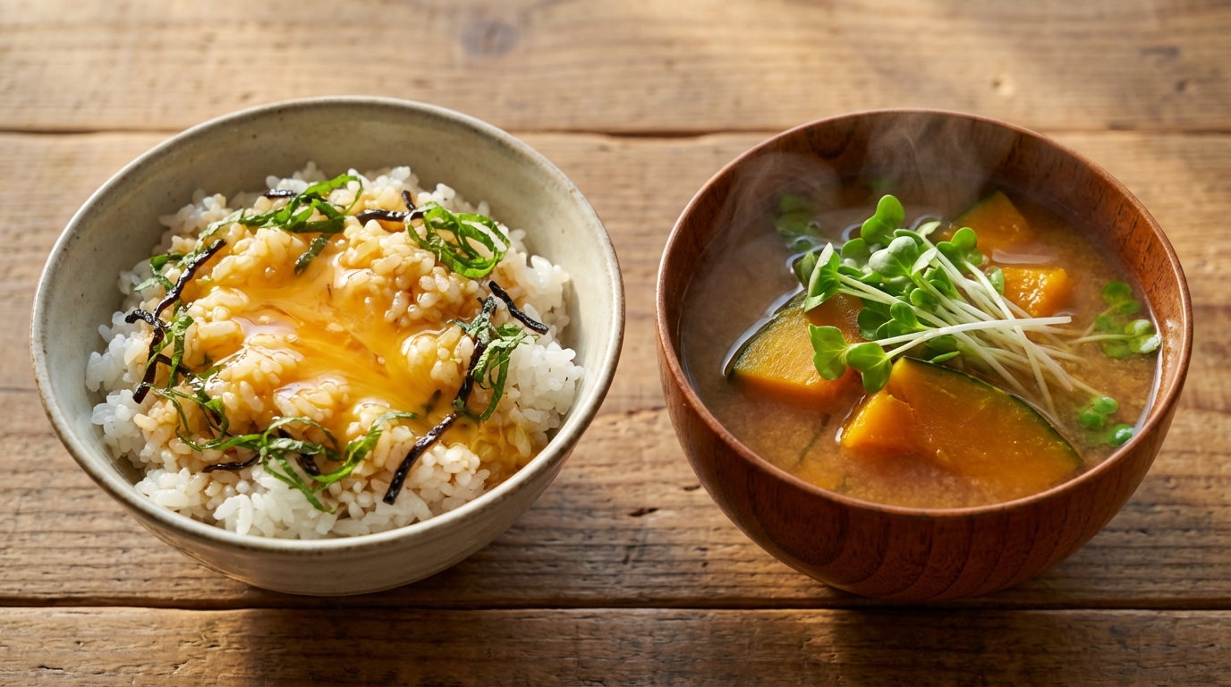 [朝ごはん] 大葉と塩昆布の香り卵かけごはんとかぼちゃとかいわれのみそ汁