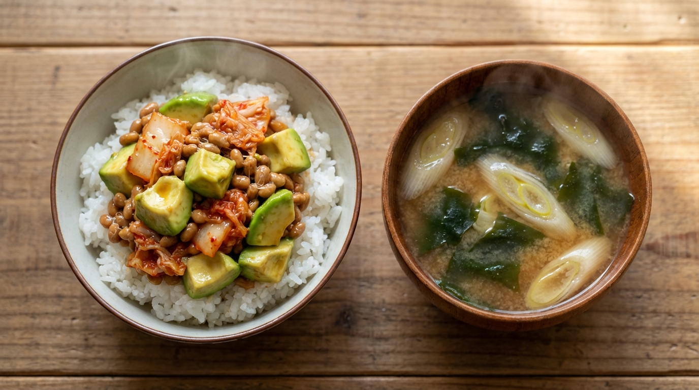 アボカドと納豆のキムチのっけごはんと、わかめと長ねぎのみそ汁