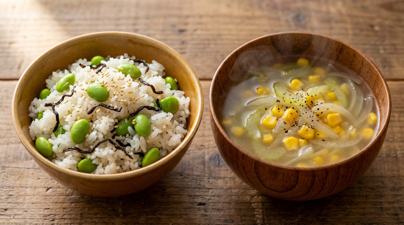 レモン香る枝豆と塩昆布の混ぜごはんと、コーンとセロリのやさしいスープ