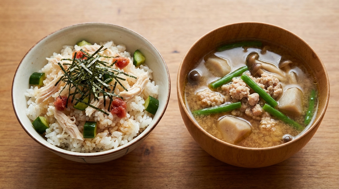 鶏ささみと梅きゅうりのさっぱり混ぜごはんと、里いもと鶏ひき肉の具だくさんみそ汁