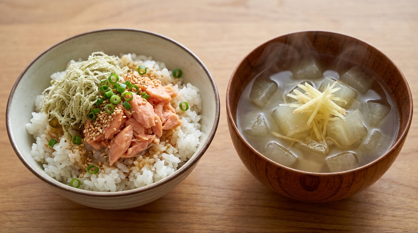 鮭フレークとろろ昆布のっけごはんと、冬瓜としょうがの爽やか味のすまし汁