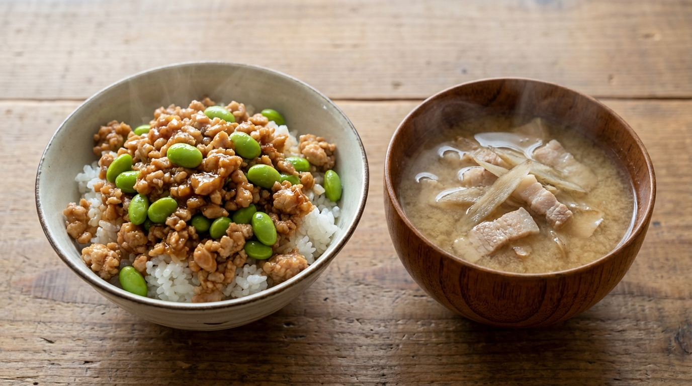 鶏ひき肉と枝豆のオイスターのっけごはんと、豚バラとごぼうの具だくさんみそ汁