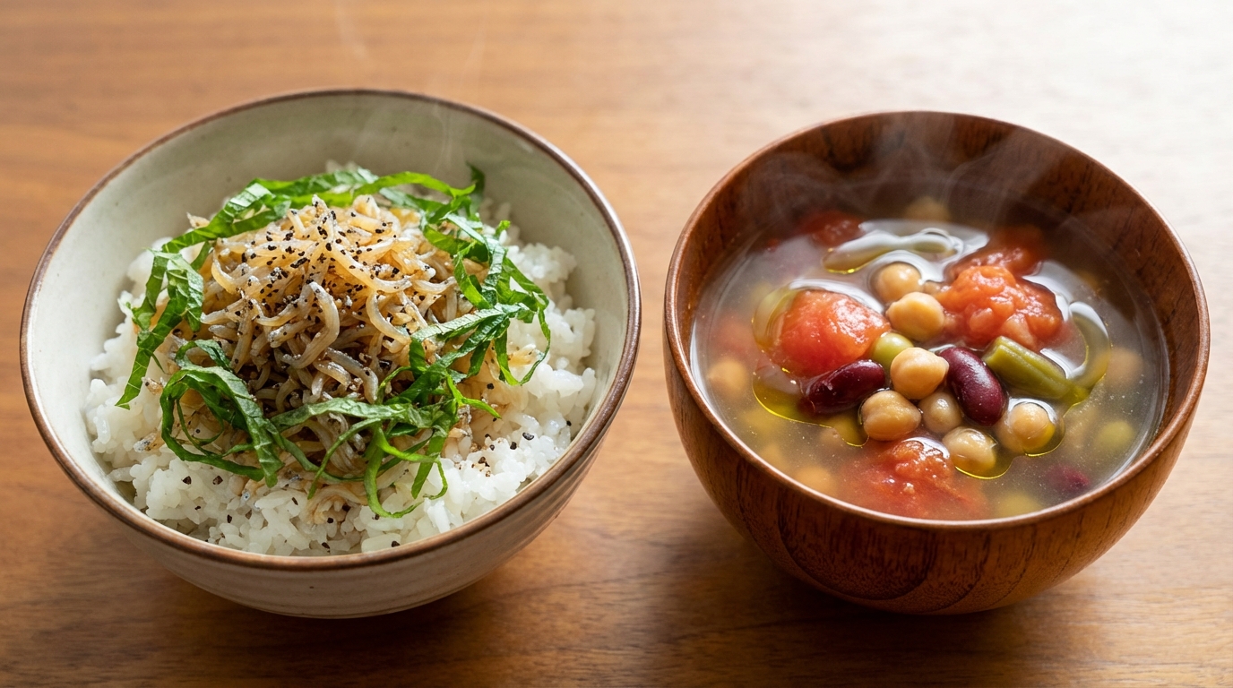 ちりめんじゃこ青じそ黒こしょうポン酢のっけごはんと、トマトと豆の和風スープ