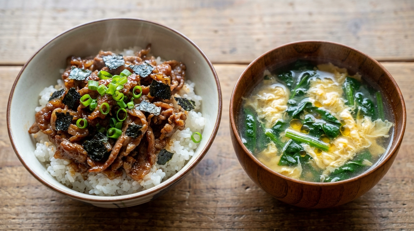 牛こま肉の生姜じょうゆのっけごはんと、ほうれんそうと卵の中華スープ