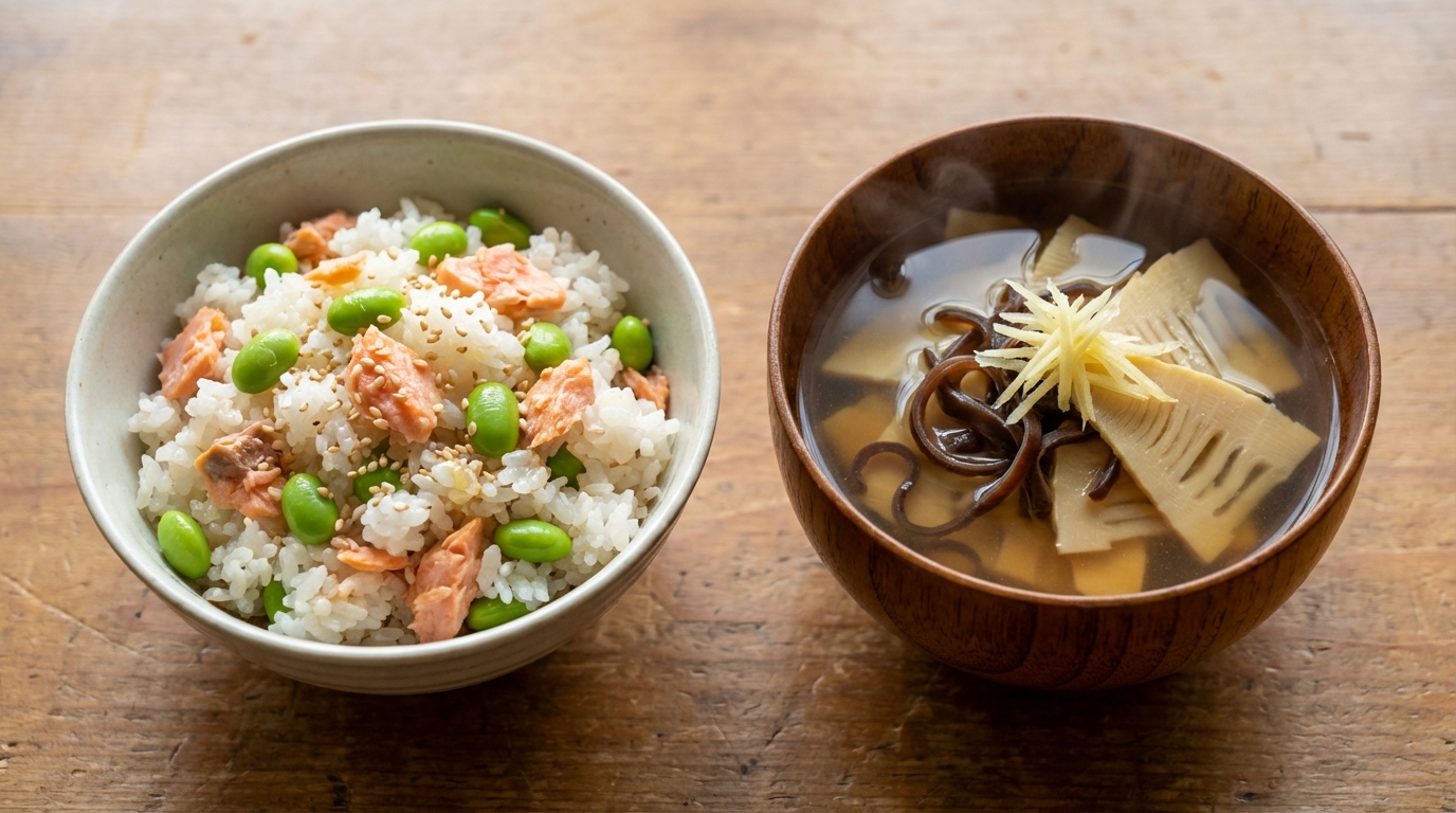 鮭と枝豆の彩り混ぜごはんと、たけのこときくらげのしょうがスープ