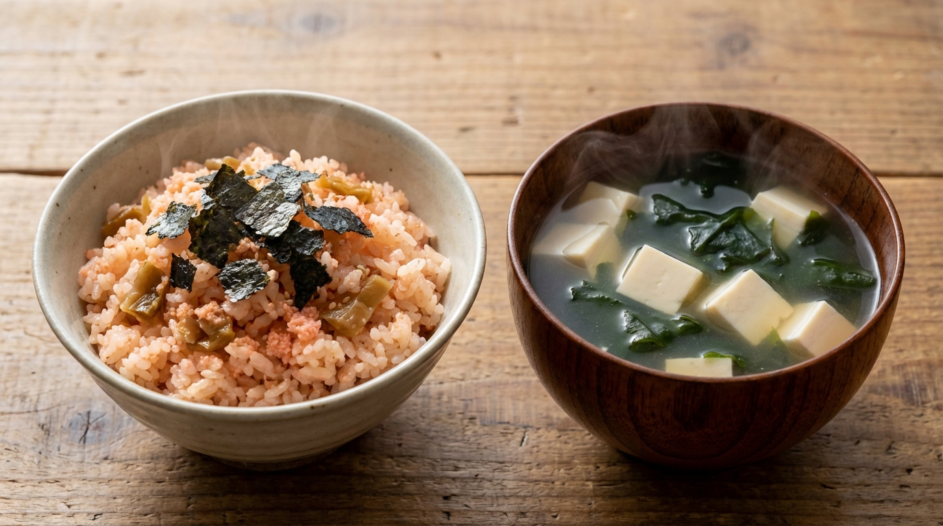 ザーサイ明太子のピリ辛混ぜごはんと、豆腐とわかめのすっきりすまし汁