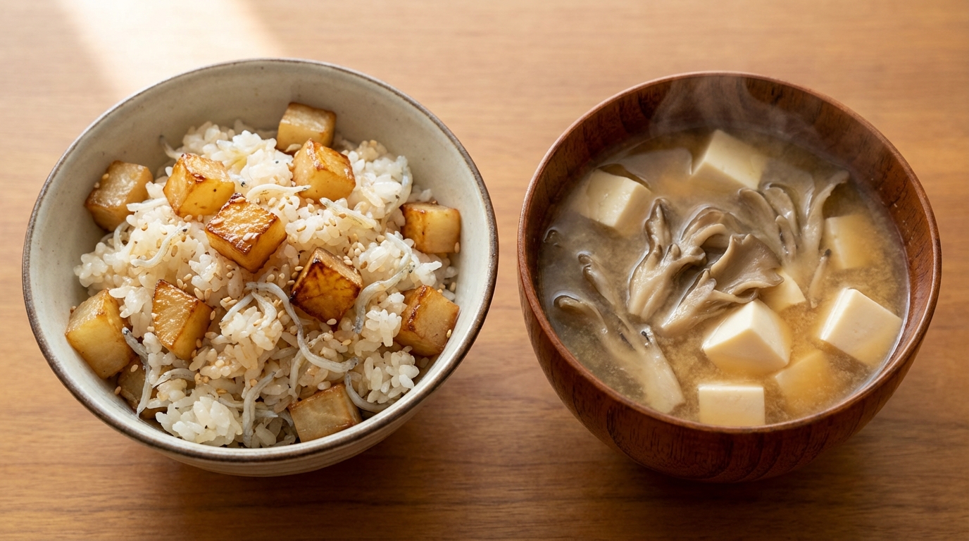 焼き大根としらすのごま油混ぜごはんと、まいたけと豆腐の具だくさんみそ汁