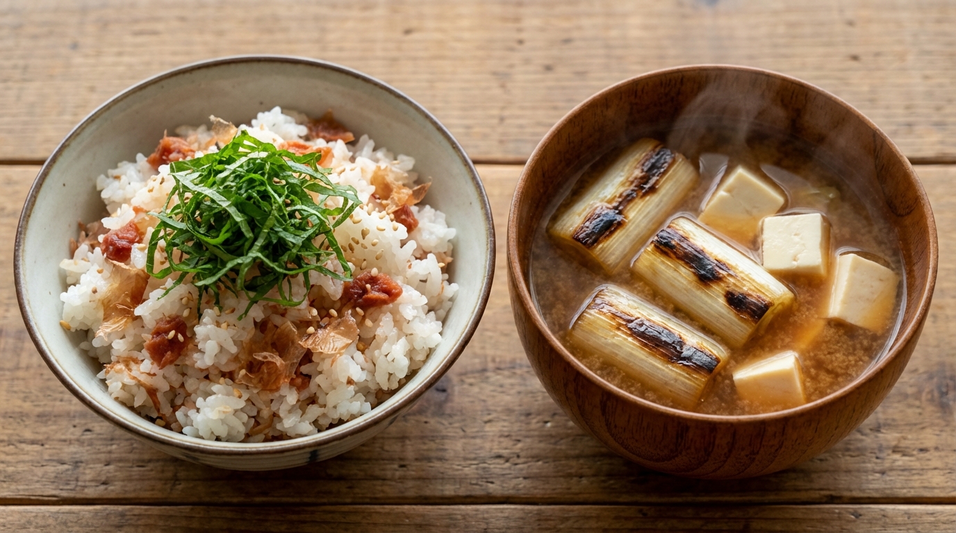 梅おかか青じそ混ぜごはんと、香ばし焼きねぎの具だくさんみそ汁