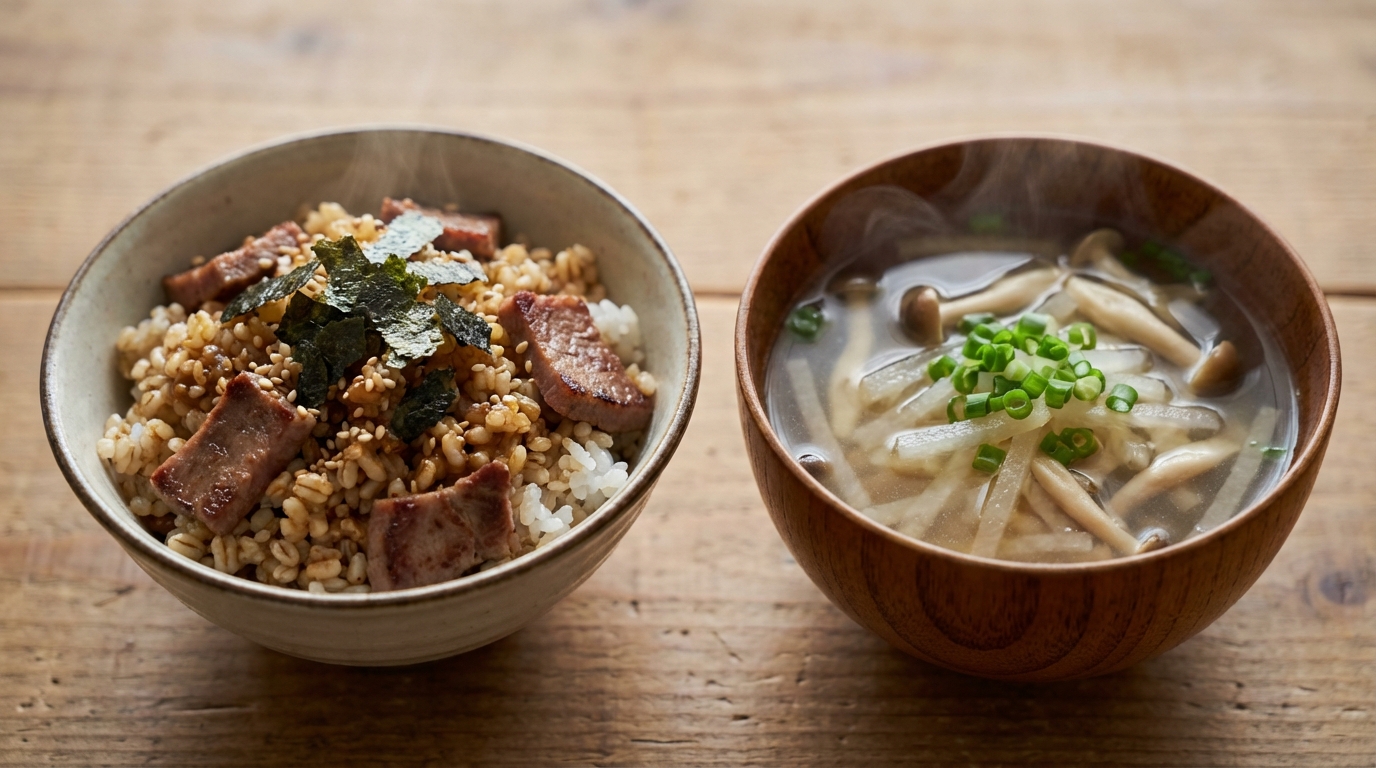 南蛮みそ牛タンのピリ辛混ぜごはんと、大根としめじのすっきりすまし汁