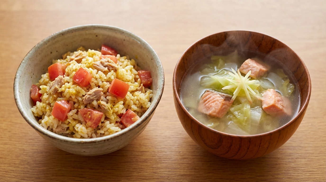 ツナとトマトのカレーマヨ混ぜごはんと、鮭と白菜のしょうが塩スープ