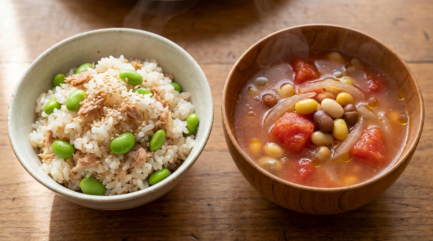 ツナと枝豆の香ばし混ぜごはんと、トマトと豆の具だくさんスープ
