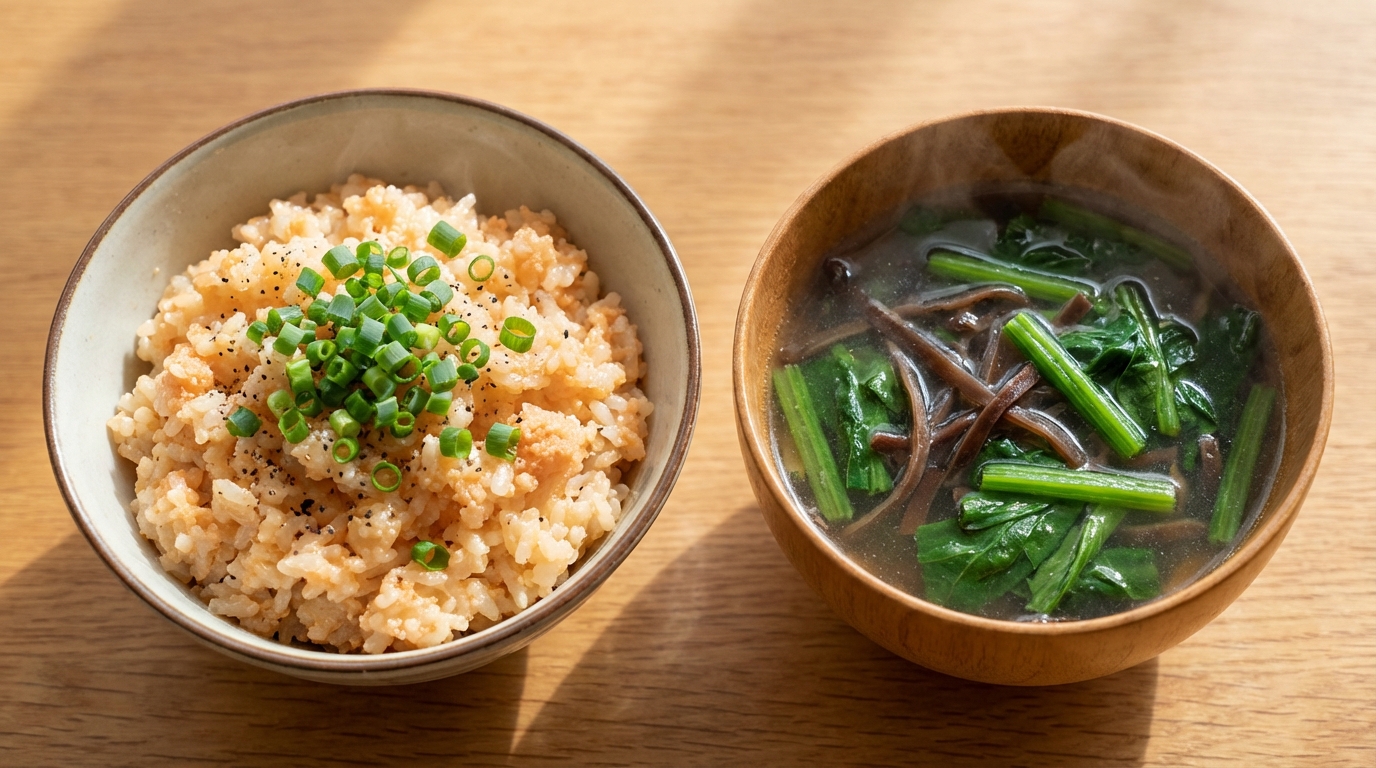 からすみ風たらこバターの混ぜごはんとほうれんそうときくらげのスープ