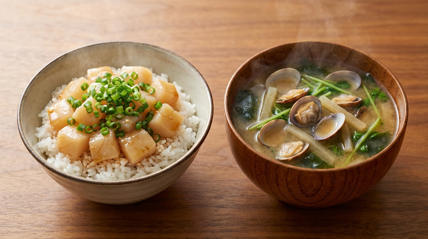 ほたてと万能ねぎの香ばしごま油のっけごはんと、しじみと大根の具だくさんみそ汁