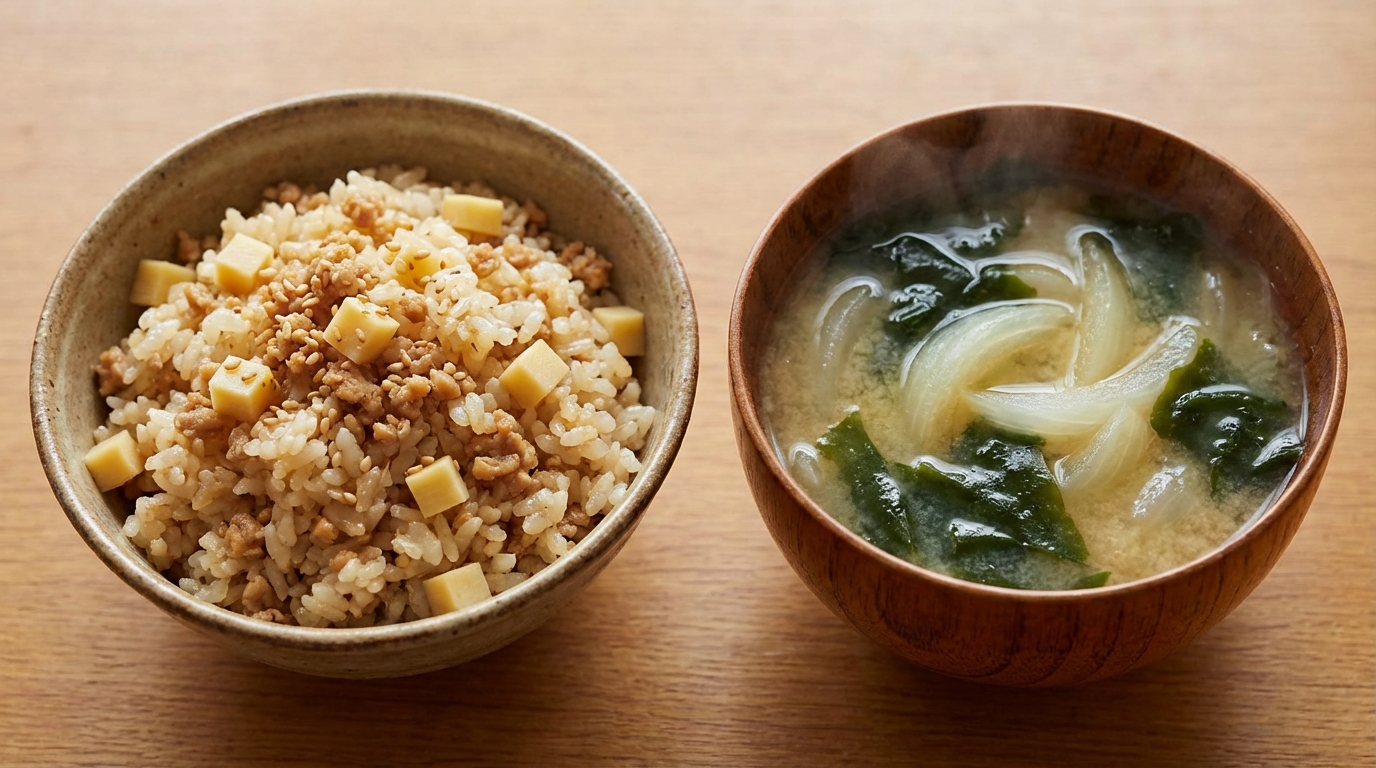 たけのこと鶏そぼろの香ばし混ぜごはんと、新玉ねぎとわかめの具だくさんみそ汁