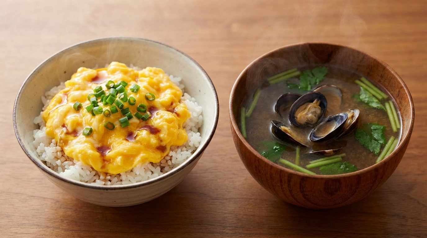 白だし香るふわとろ卵かけごはんと、しじみとみつばの滋味深いみそ汁