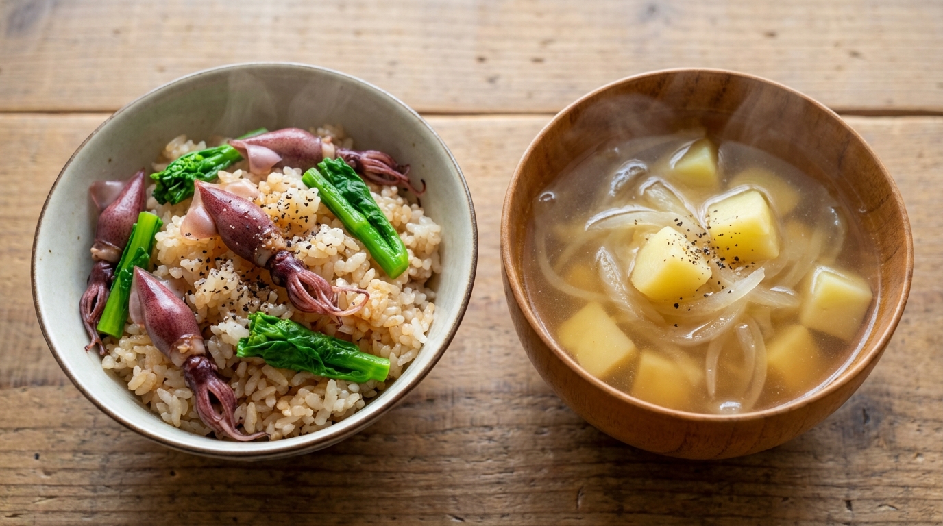 ホタルイカと菜の花のバター醤油混ぜごはんと、新玉ねぎとじゃがいものコンソメスープ