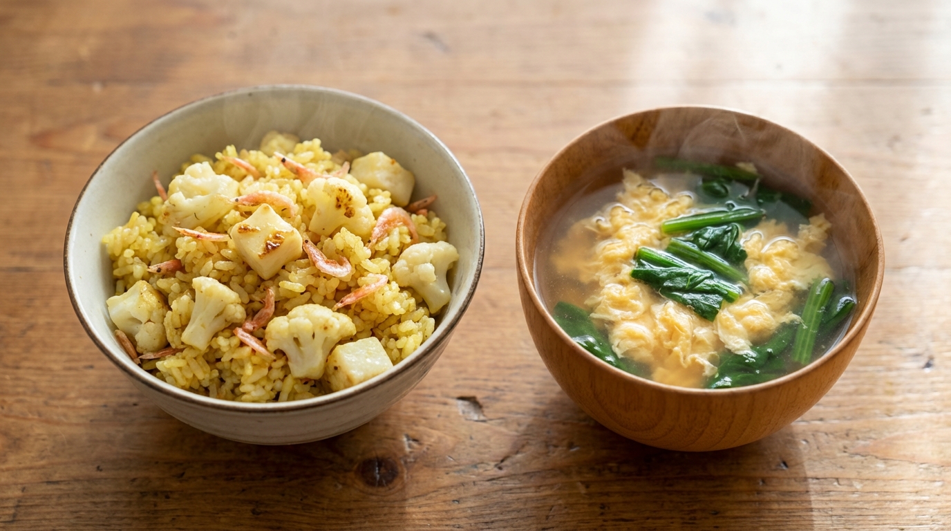 カリフラワーと桜えびのカレー混ぜごはんと、ほうれんそうのふんわり卵スープ