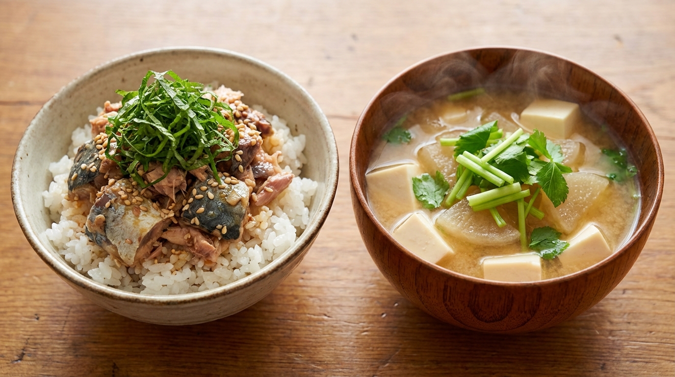 さば缶のさっぱりポン酢のっけごはんと、豆腐と大根の具だくさんみそ汁