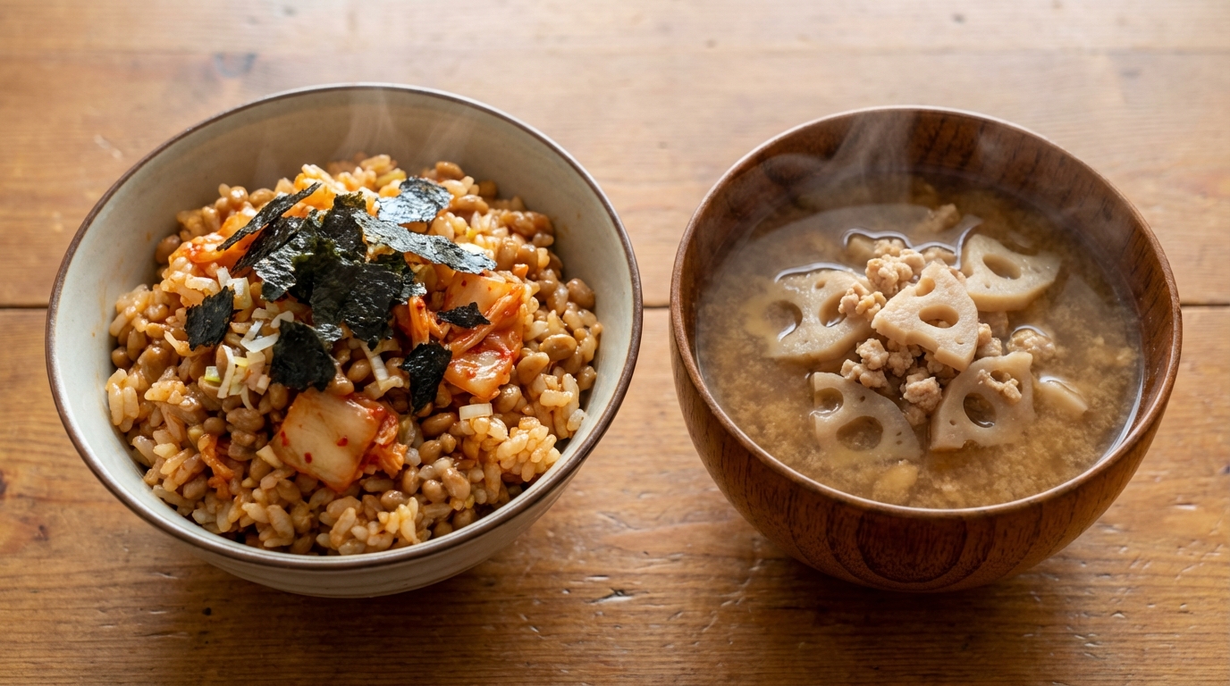 旨辛キムチ納豆のコチュジャン混ぜごはんと、鶏ひき肉とれんこんの具だくさんみそ汁