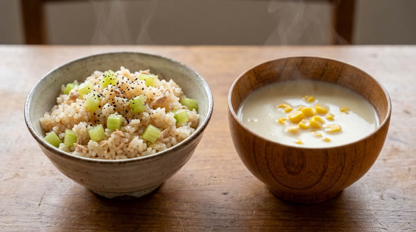 セロリとツナの黒こしょう混ぜごはんと、コーンと豆乳のスープ