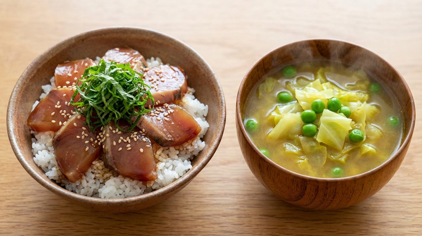 かつおの青じそわさびじょうゆのっけごはんと、キャベツとグリーンピースのカレースープ