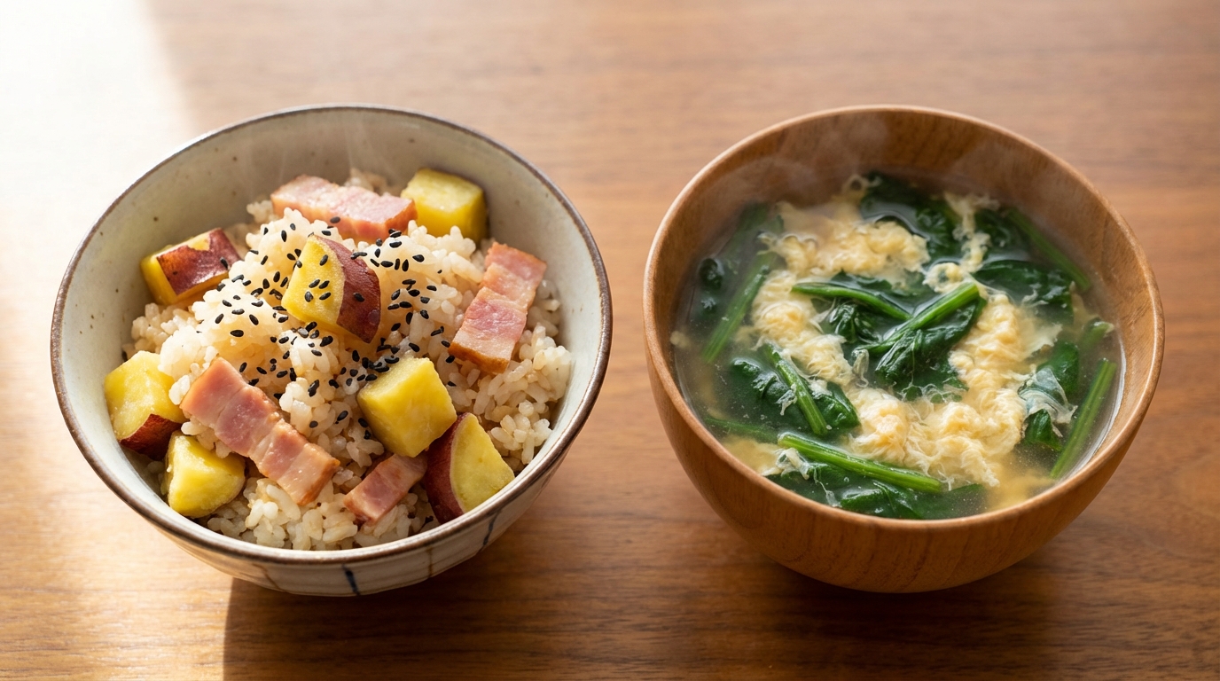 さつまいもとベーコンの甘じょっぱ混ぜごはんと、ほうれんそうのかき玉スープ