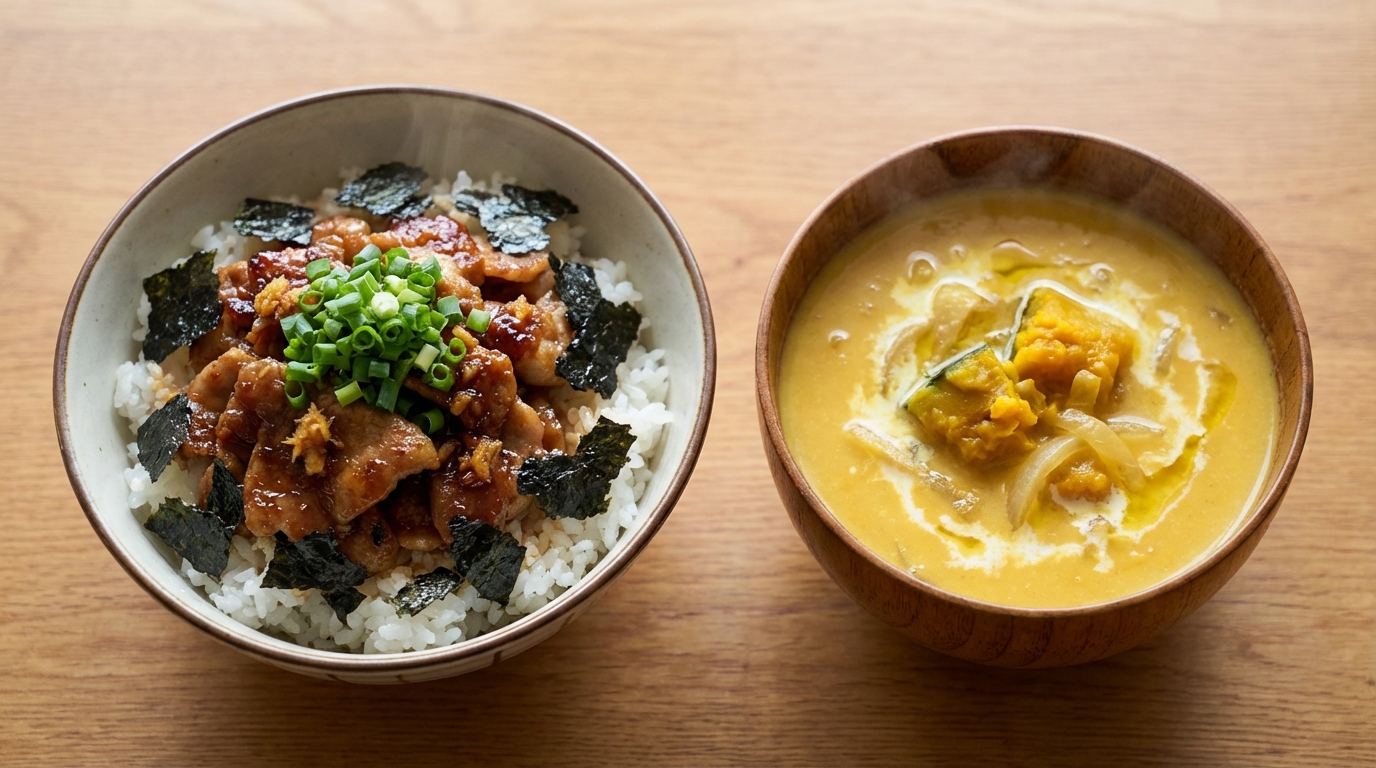 豚こま肉の生姜じょうゆのっけごはんと、かぼちゃの濃厚ポタージュ