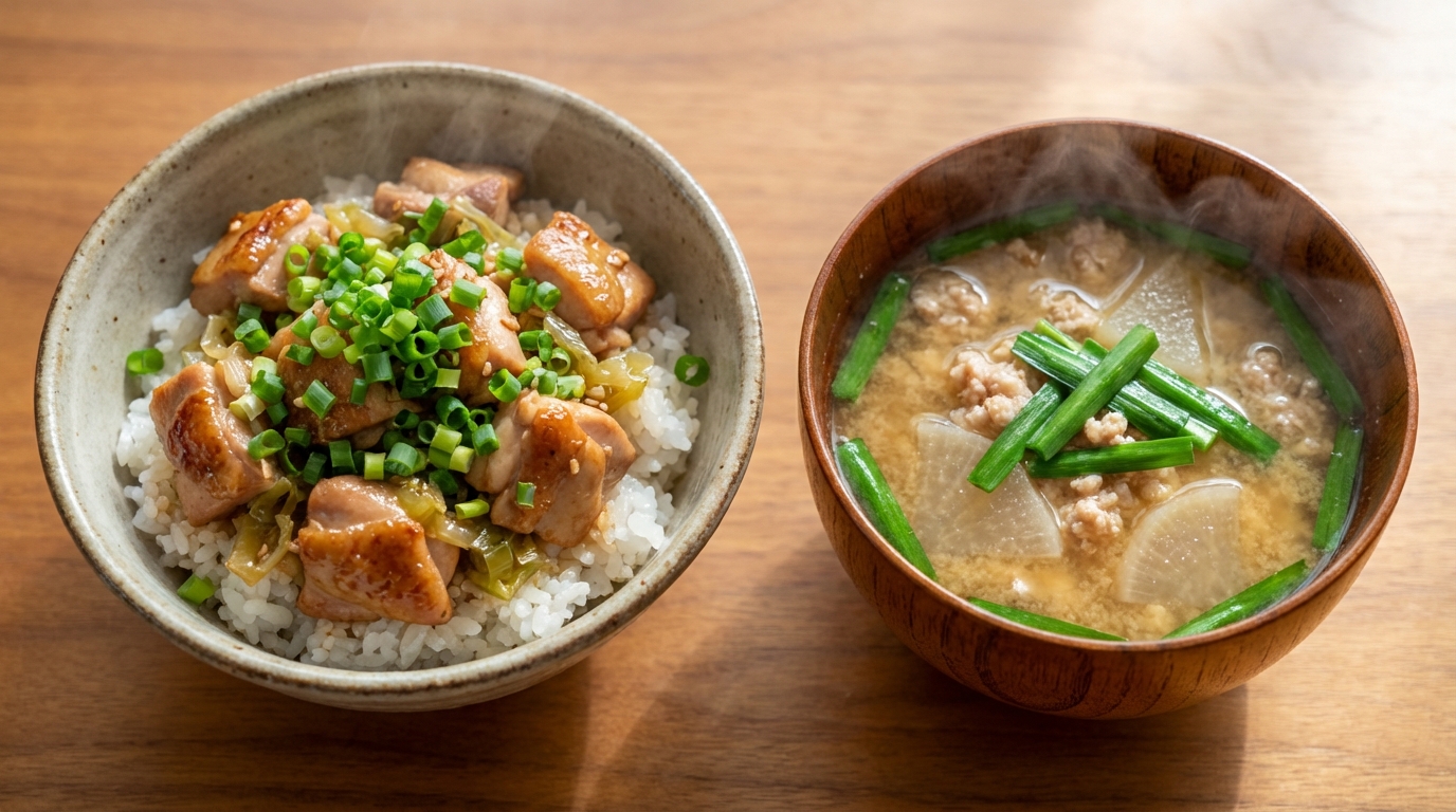 鶏もも肉の香ばしねぎ塩のっけごはんと、鶏ひき肉と大根の旨みみそ汁