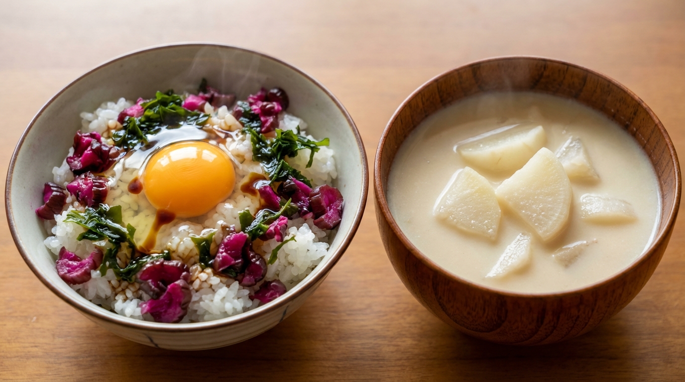しば漬けわかめのさっぱり卵かけごはんと、かぶのまろやか豆乳汁
