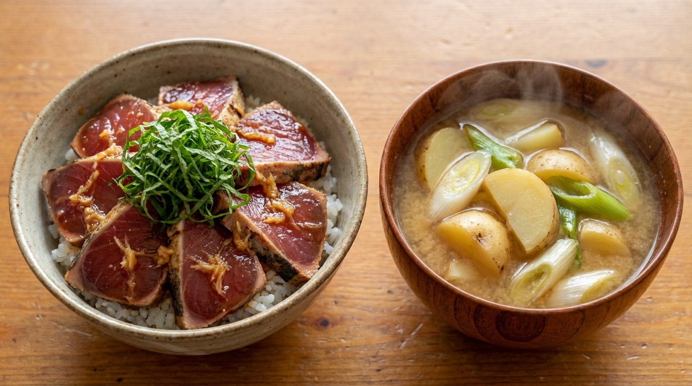 初鰹のたたき風のっけごはんと、新じゃがと長ねぎのみそ汁