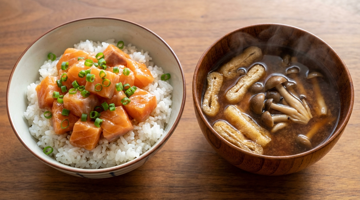 サーモンレモンしょうゆのっけごはんと、油揚げとしめじの具だくさんみそ汁