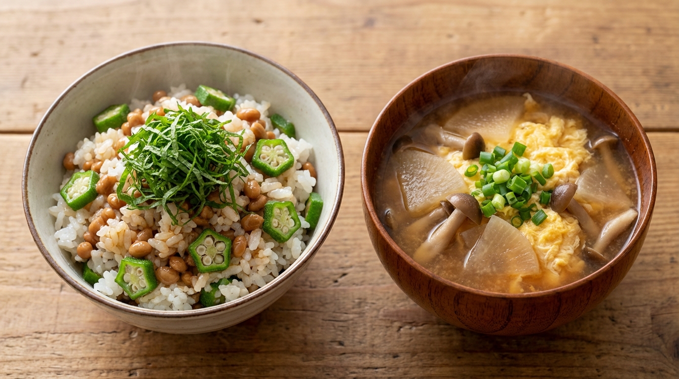 納豆とオクラのさっぱりポン酢混ぜごはんと、卵と大根の具だくさんみそ汁