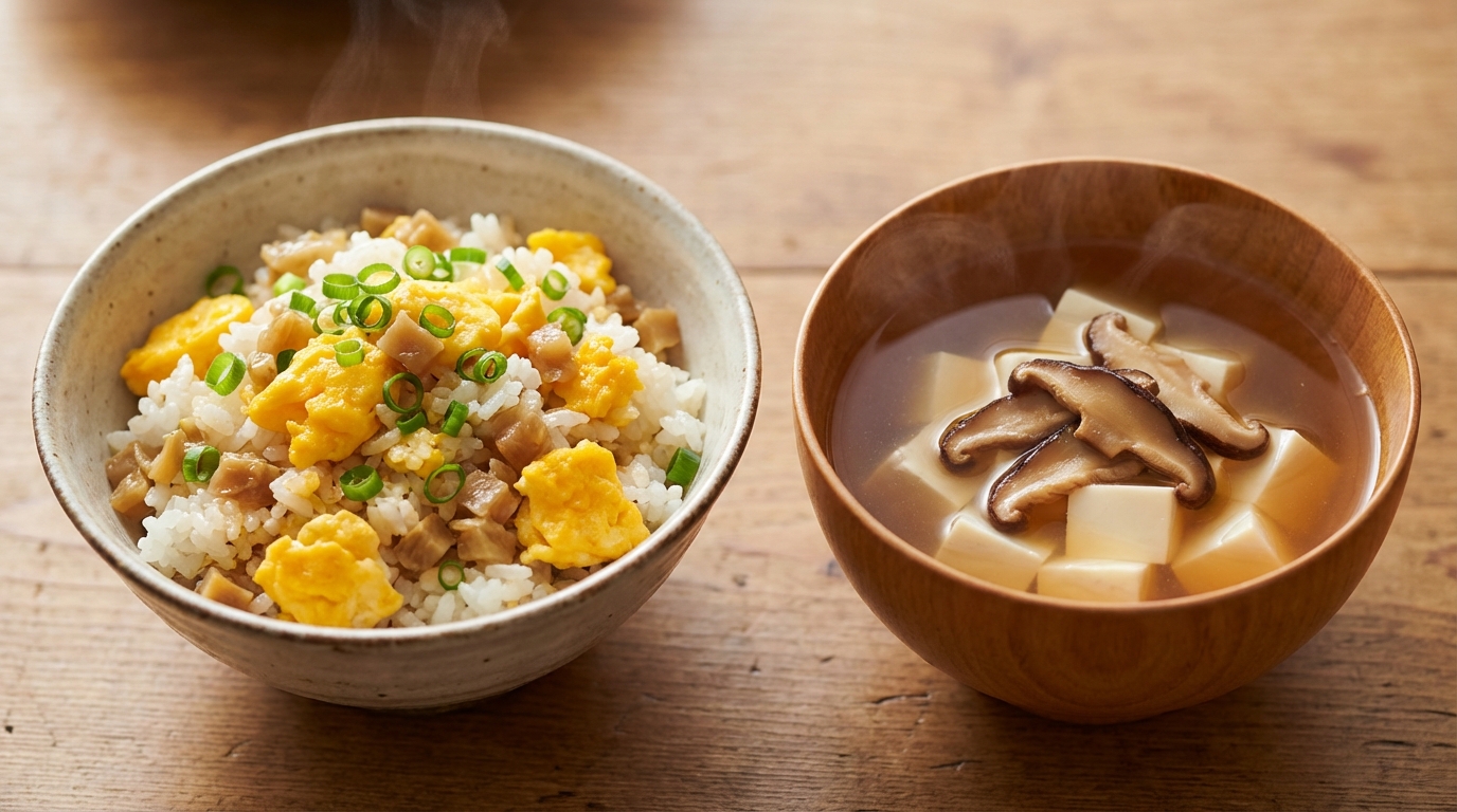 ザーサイとふんわり卵の香味混ぜごはんと、豆腐と干ししいたけの旨みスープ