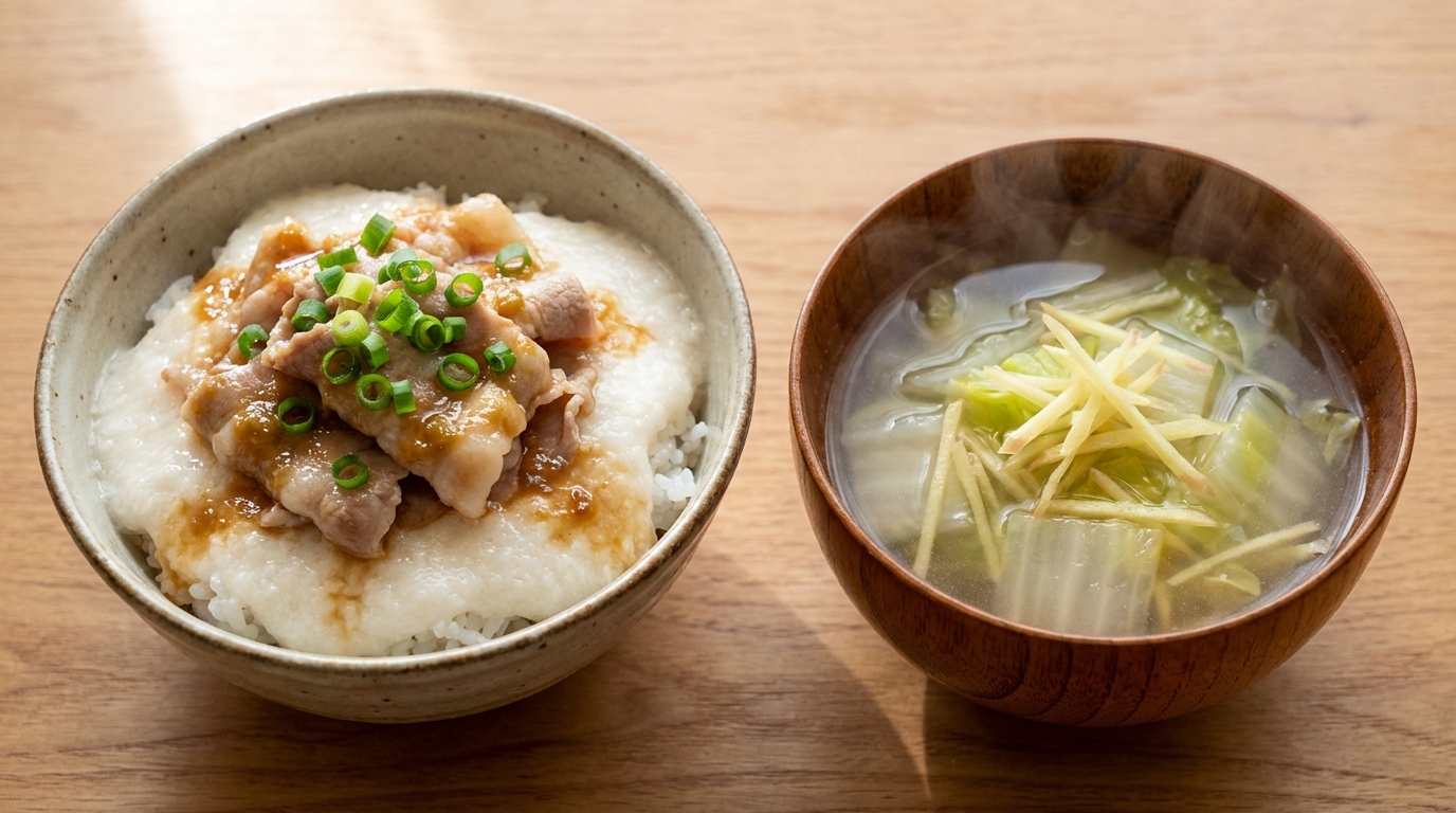 豚しゃぶゆずこしょうとろろのっけごはんと、白菜としょうがの塩スープ