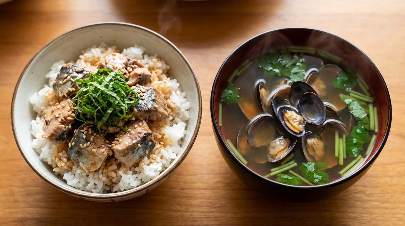 さば缶のさっぱりポン酢のっけごはんと、しじみとみつばの滋味深いすまし汁