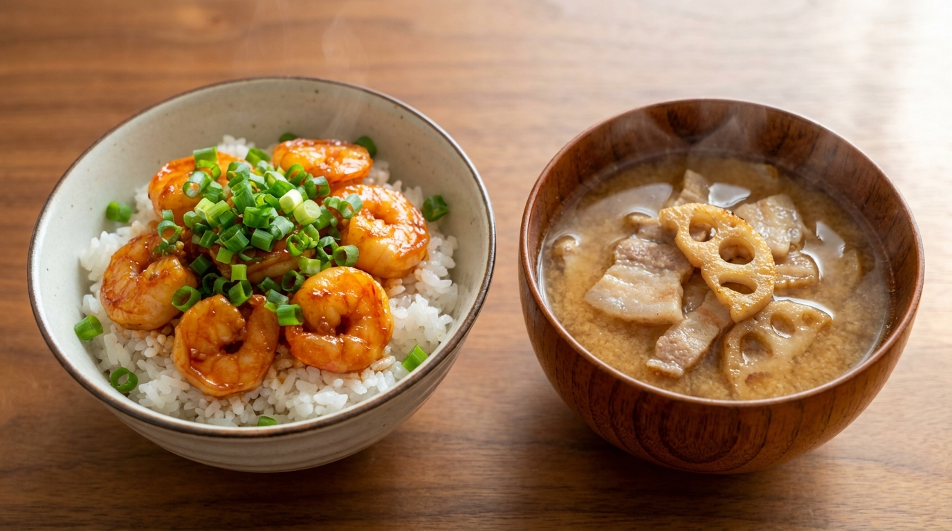 えびのピリ辛豆板醤のっけごはんと、豚バラれんこんの具だくさんみそ汁
