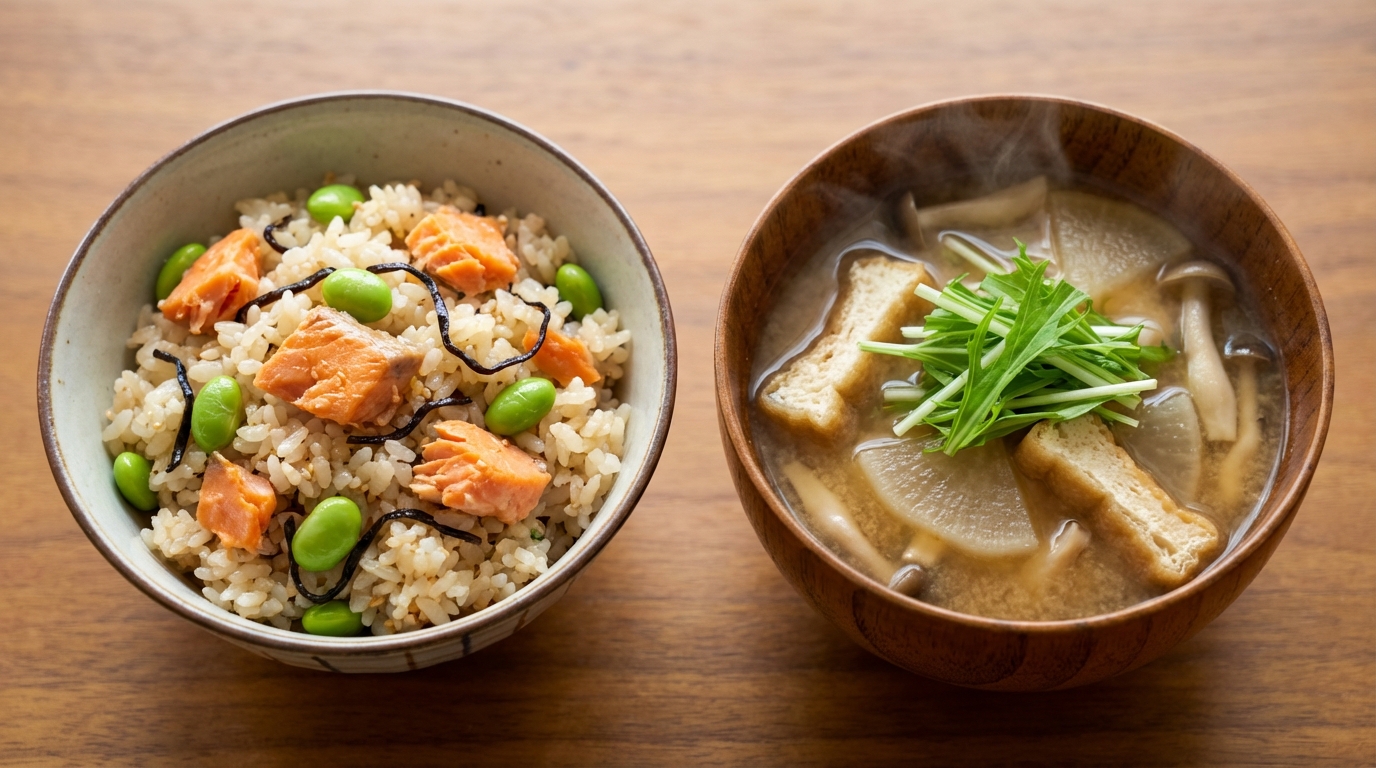 鮭と枝豆の彩り塩昆布混ぜごはんと、厚揚げと大根の具だくさんみそ汁