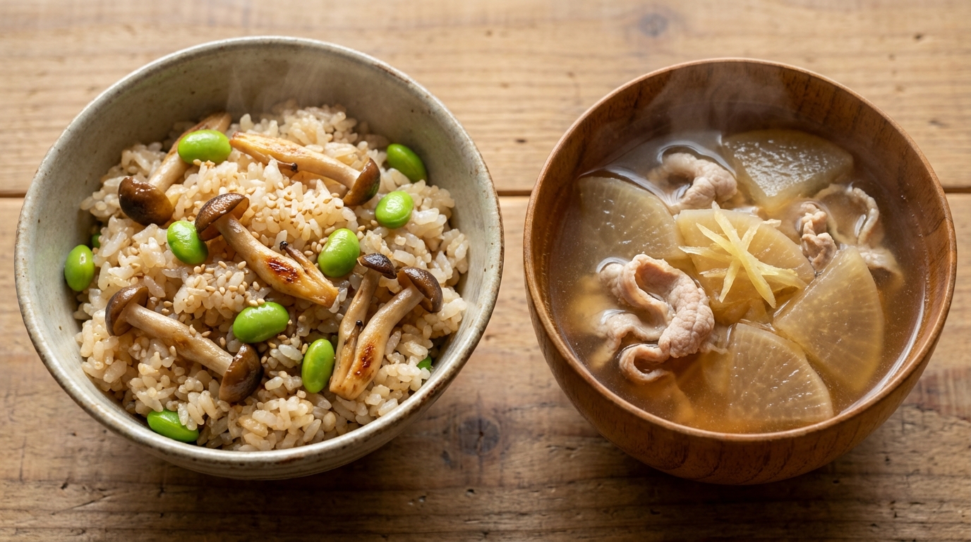 きのこと枝豆の香ばし醤油混ぜごはんと、豚肉と大根のぽかぽかしょうがスープ