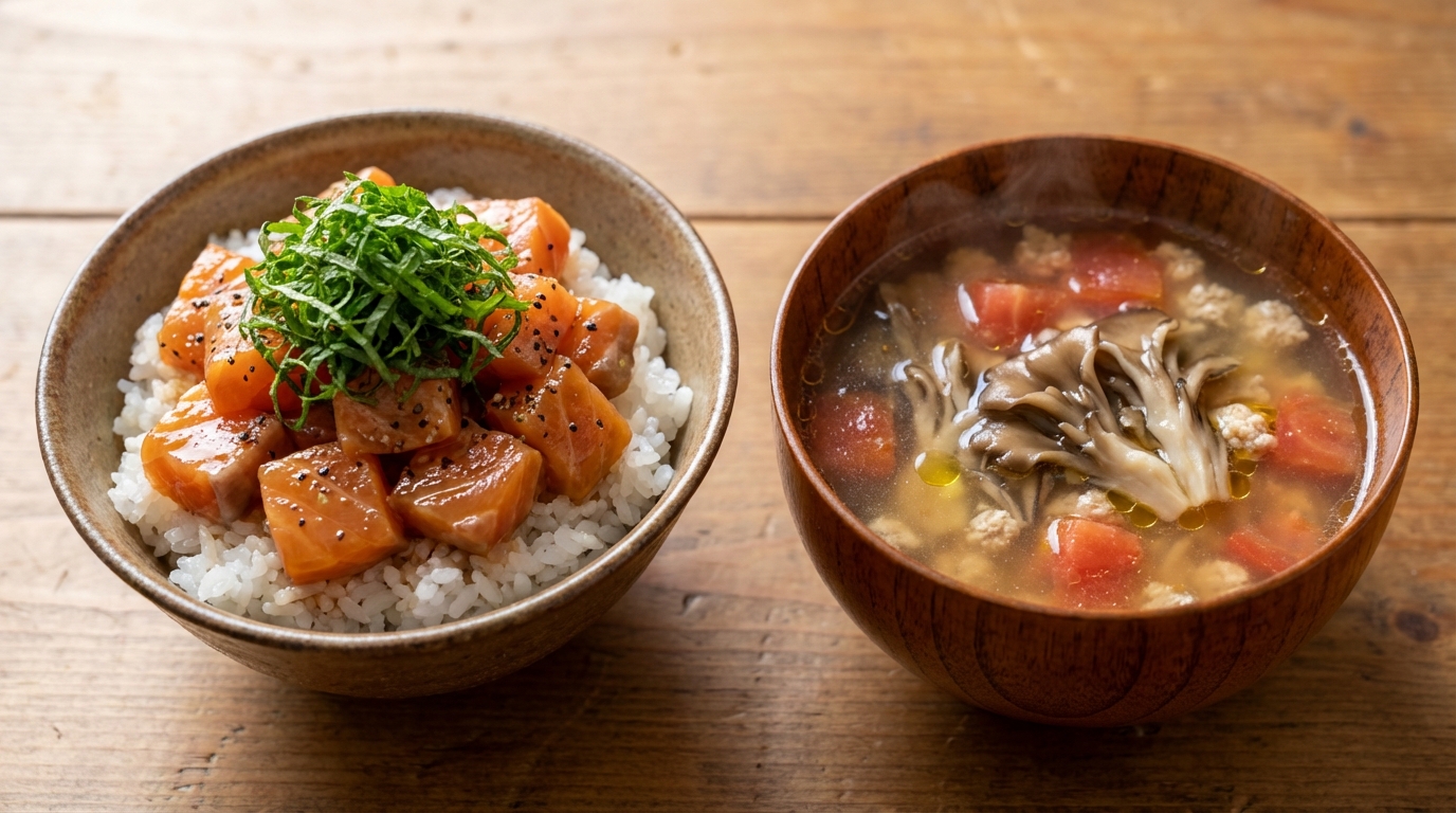 サーモン青じそ黒こしょうわさびじょうゆのっけごはんと、まいたけとトマトの鶏だしスープ