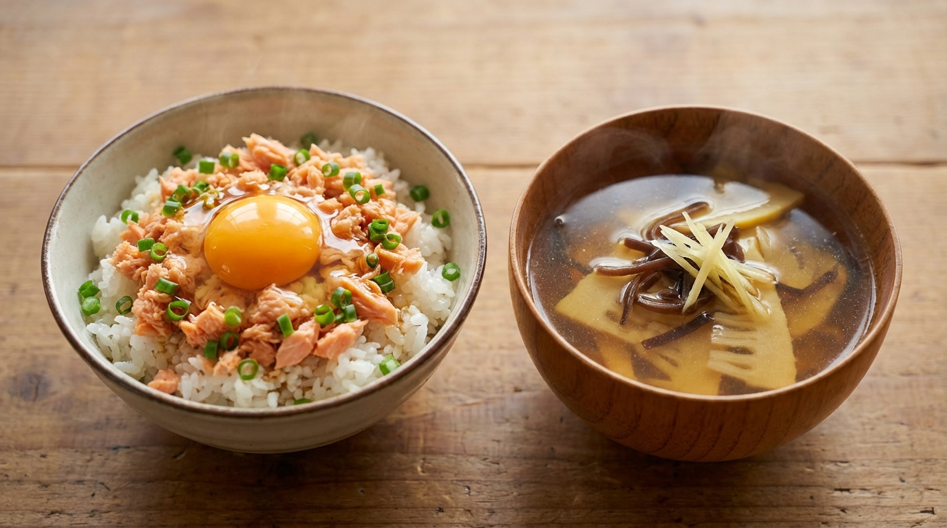 鮭フレークと卵黄の彩りのっけごはんと、たけのこときくらげの生姜スープ