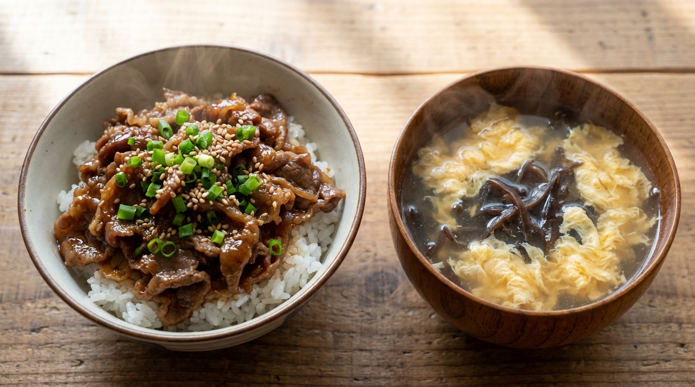 牛こま肉の生姜じょうゆのっけごはんと、きくらげと卵の中華スープ