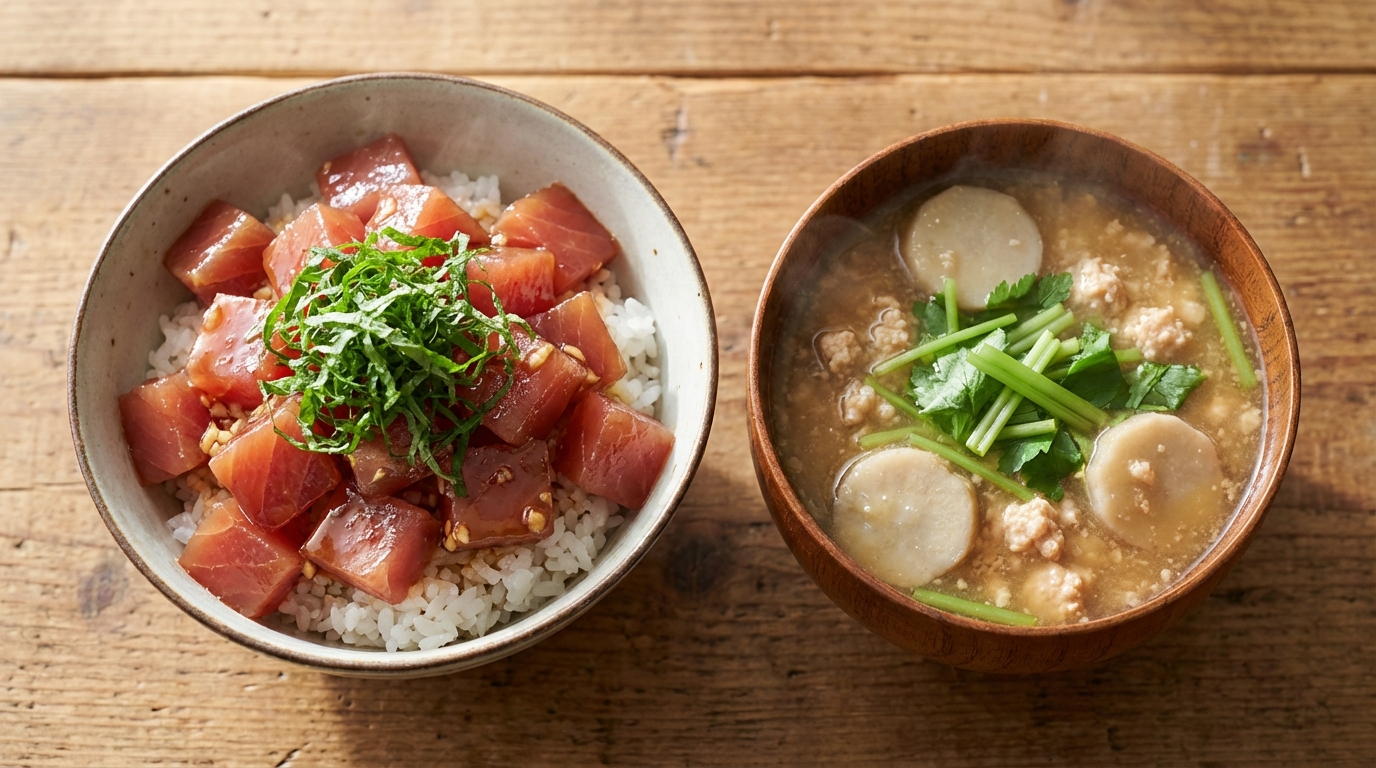 まぐろのにんにく醤油のっけごはんと、鶏ひき肉と里いものとろみみそ汁
