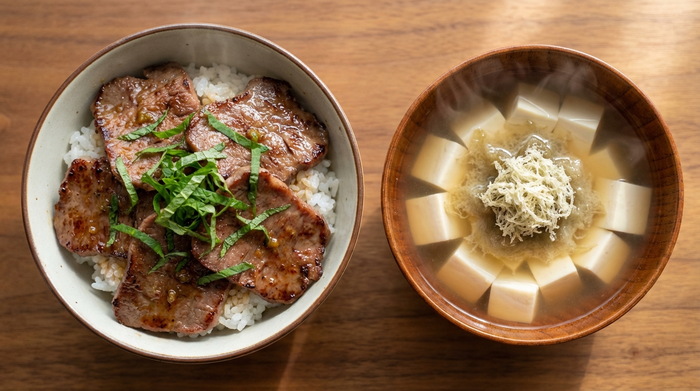 ゆずこしょう牛タンのっけごはんと、豆腐ととろろ昆布のお吸いもの