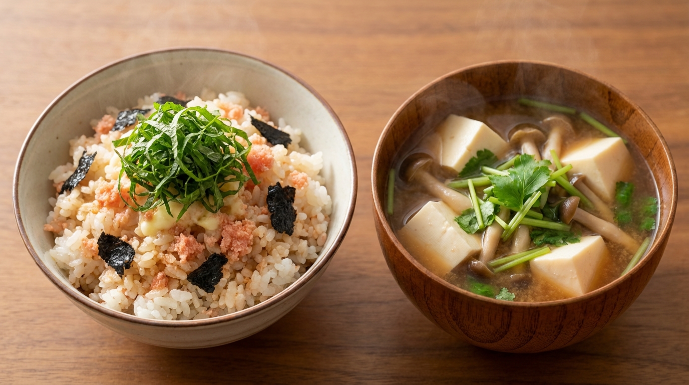 たらこと大葉のバターしょうゆ混ぜごはんと、豆腐としめじの具だくさんみそ汁