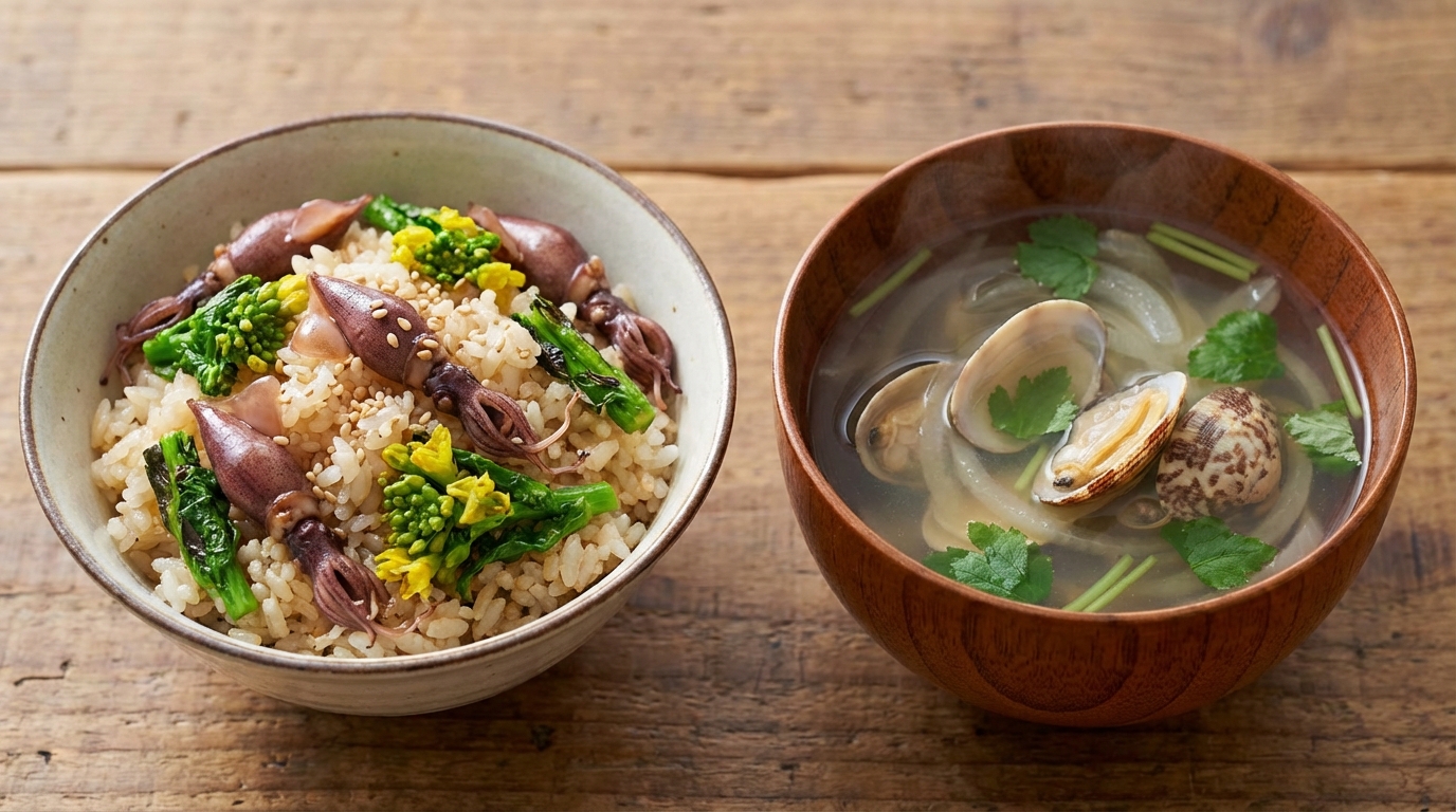 香ばし菜の花とホタルイカの焦がし醤油混ぜごはんと、新玉ねぎとあさりのすまし汁
